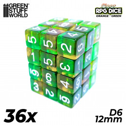 36x Dadi D6 12mm - Arancione/Verde Trasparente | Dadi D6