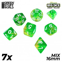 7x Mix 16mm Dice - Clear Green/Yellow | DnD dice set