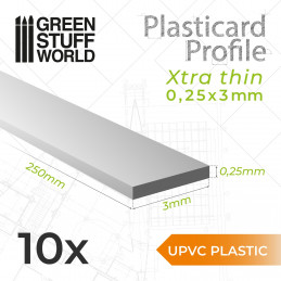 uPVC Plasticard - FLACHPROFILE Xtra-dünn 0.25mm x 3mm | Flachprofil