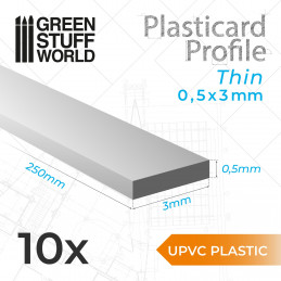 uPVC Plasticard - Dünn 0.50mm x 3mm | Flachprofil