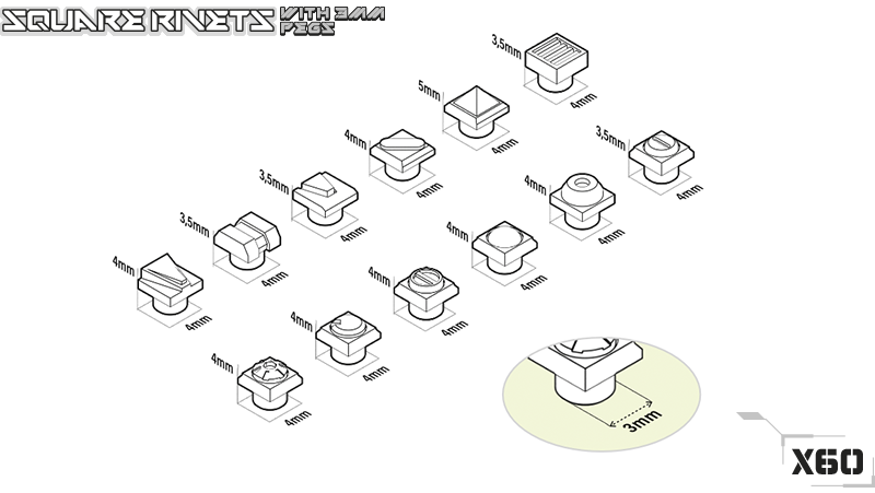 Mecha Detail Parts - Rivets Carrés avec Tiges Gundam 3mm